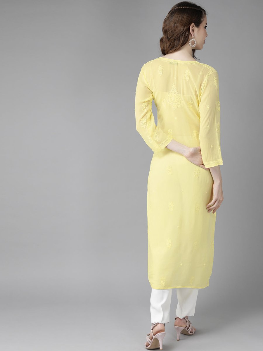 ADA Women Yellow Ethnic Motifs Embroidered Chikankari Georgette Handloom Kurta