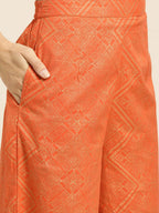 Sangria Women Orange and Golden Ethnic Printed Pure Cotton Kurta with Palazzos
