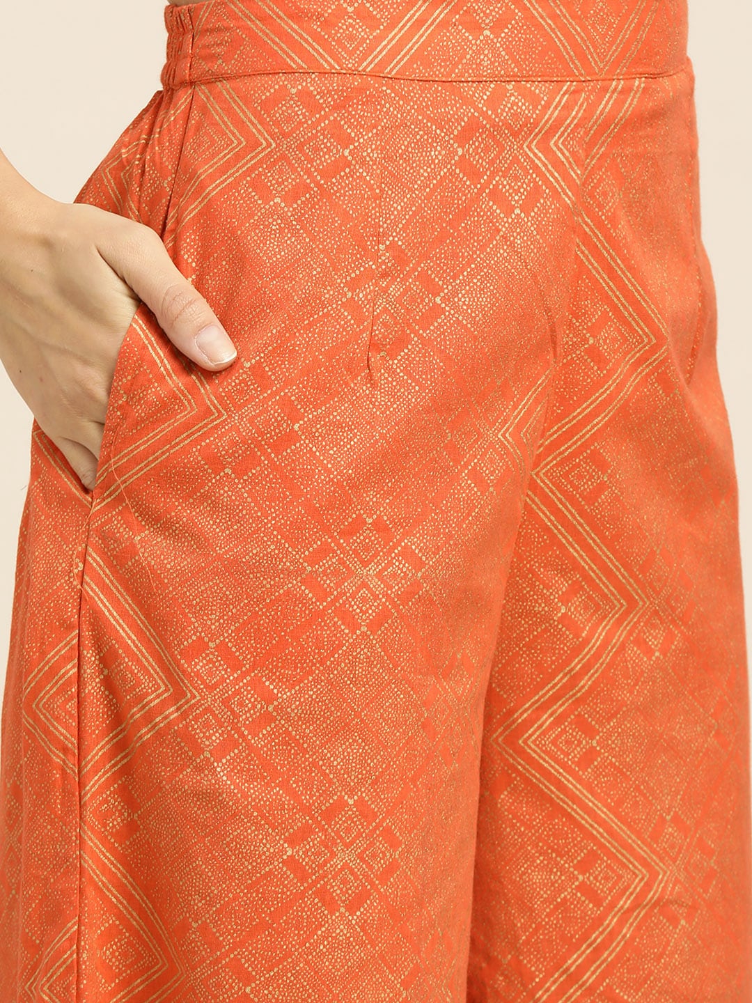 Sangria Women Orange and Golden Ethnic Printed Pure Cotton Kurta with Palazzos