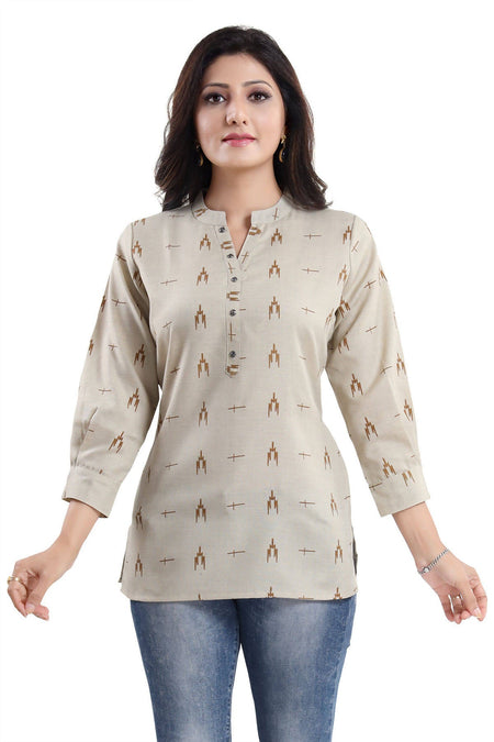 Snehal Creations Beige Cotton Blended Casual Short Tunic Top
