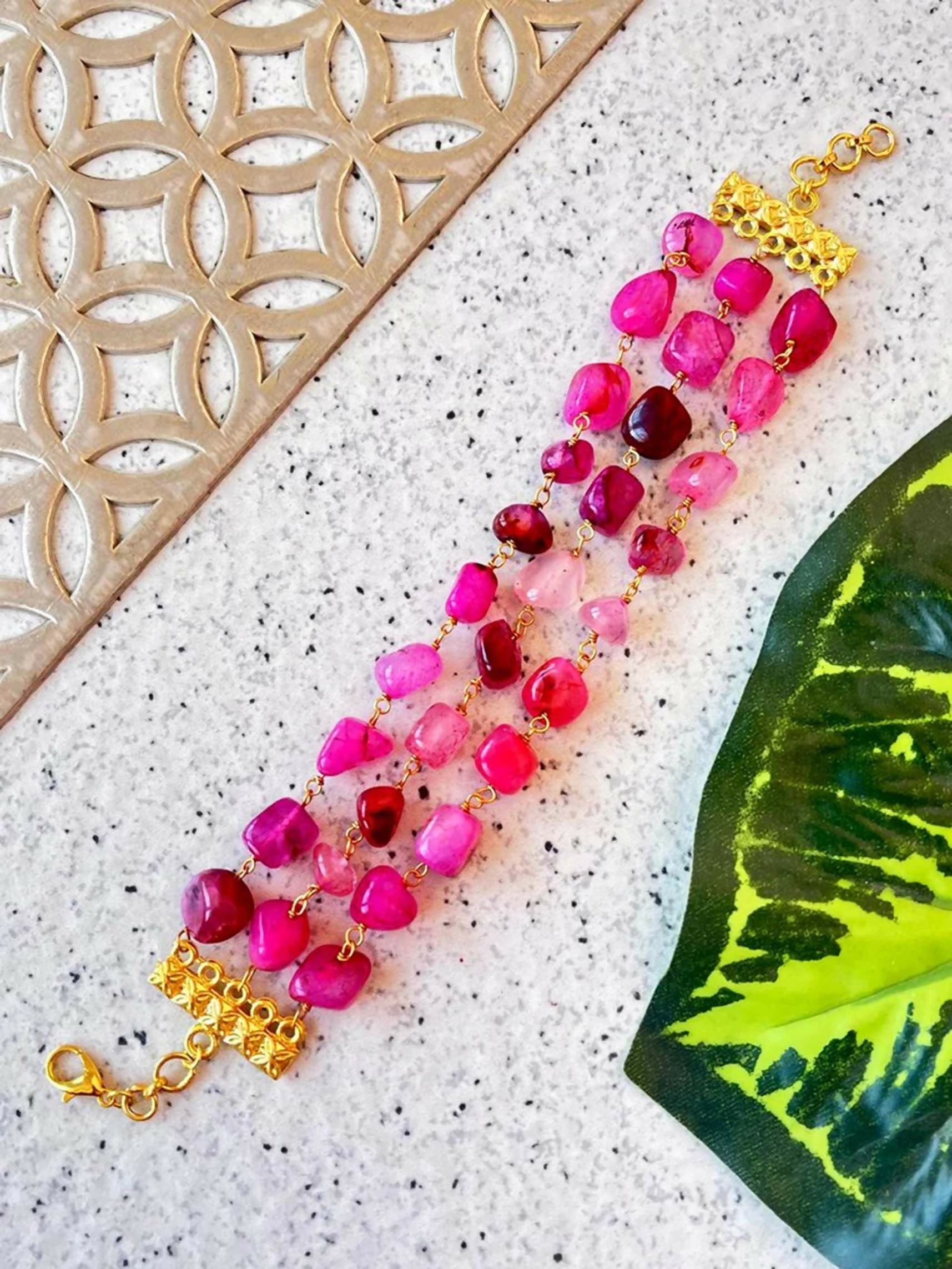 Joban Fashion Pink Brass Natural Stone Three Layered Bracelet - Distacart