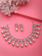 NVR Women's Silver-Plated Pink American Diamond Studded Handcrafted Jewellery Set