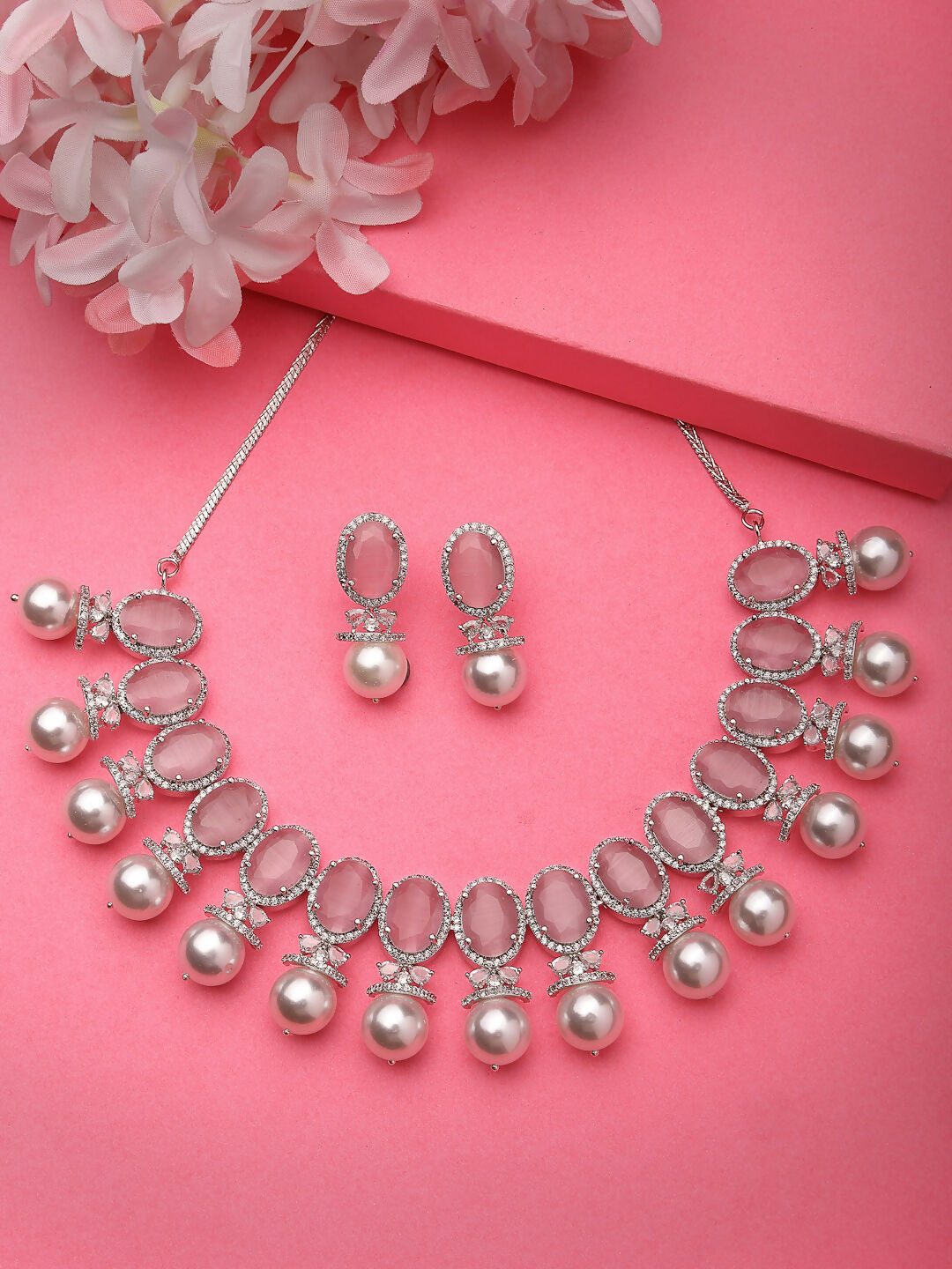NVR Women's Silver-Plated Pink American Diamond Studded Handcrafted Jewellery Set