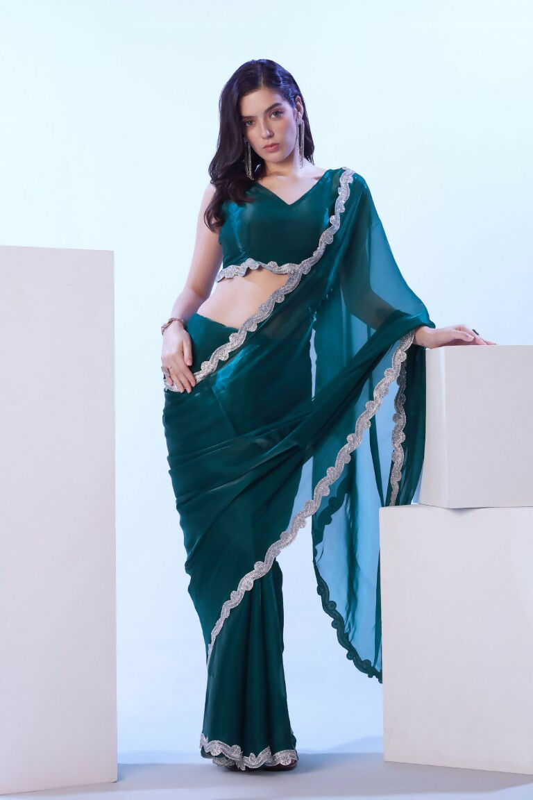Teal Blue Satin Jimmy Choo Solid Designer & Lace Work Saree - Samaa