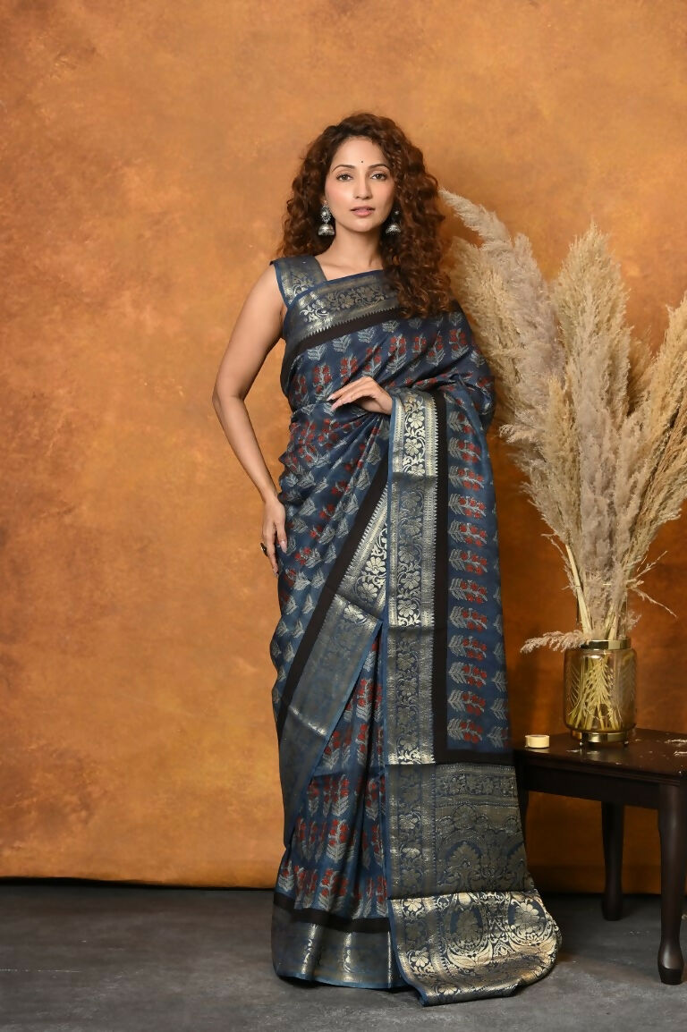 Very Much Indian Modal Silk Ajrakh Handblock Printed Natural Dyes With Designer Border Saree - Black