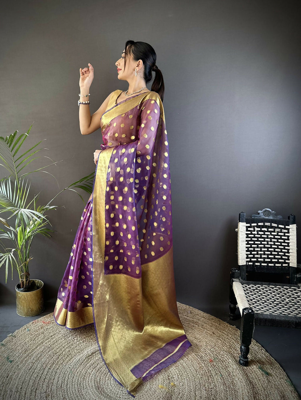 Joban Fashion Purple Polka-Dot Zari Woven Organza Silk Banarasi Silk Saree - Distacart