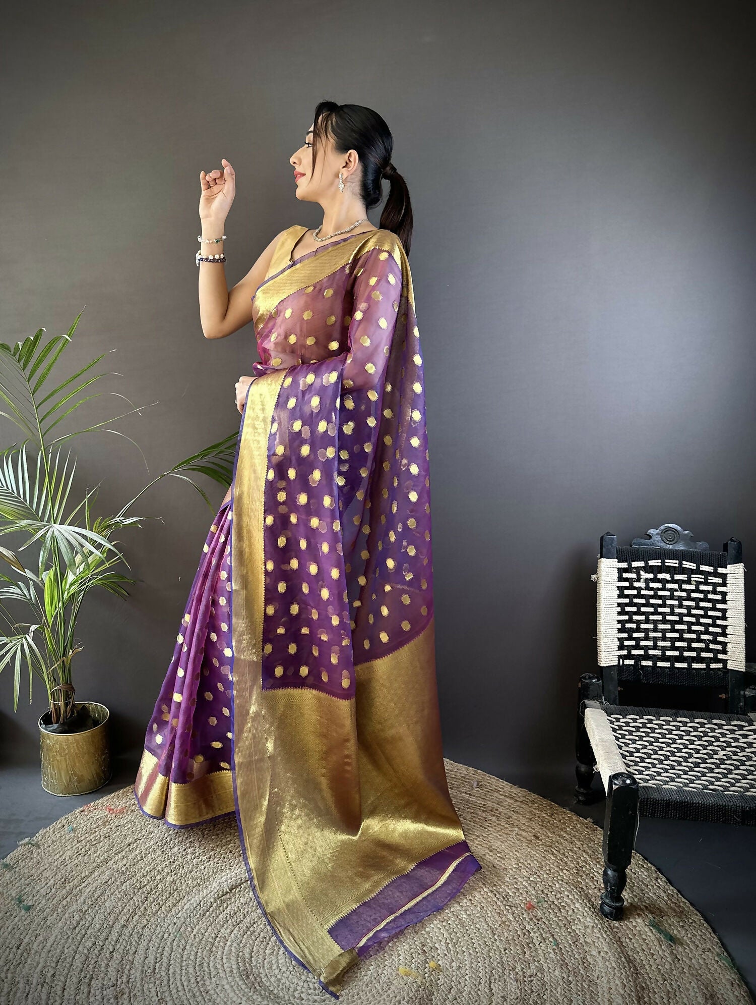 Joban Fashion Purple Polka-Dot Zari Woven Organza Silk Banarasi Silk Saree - Distacart