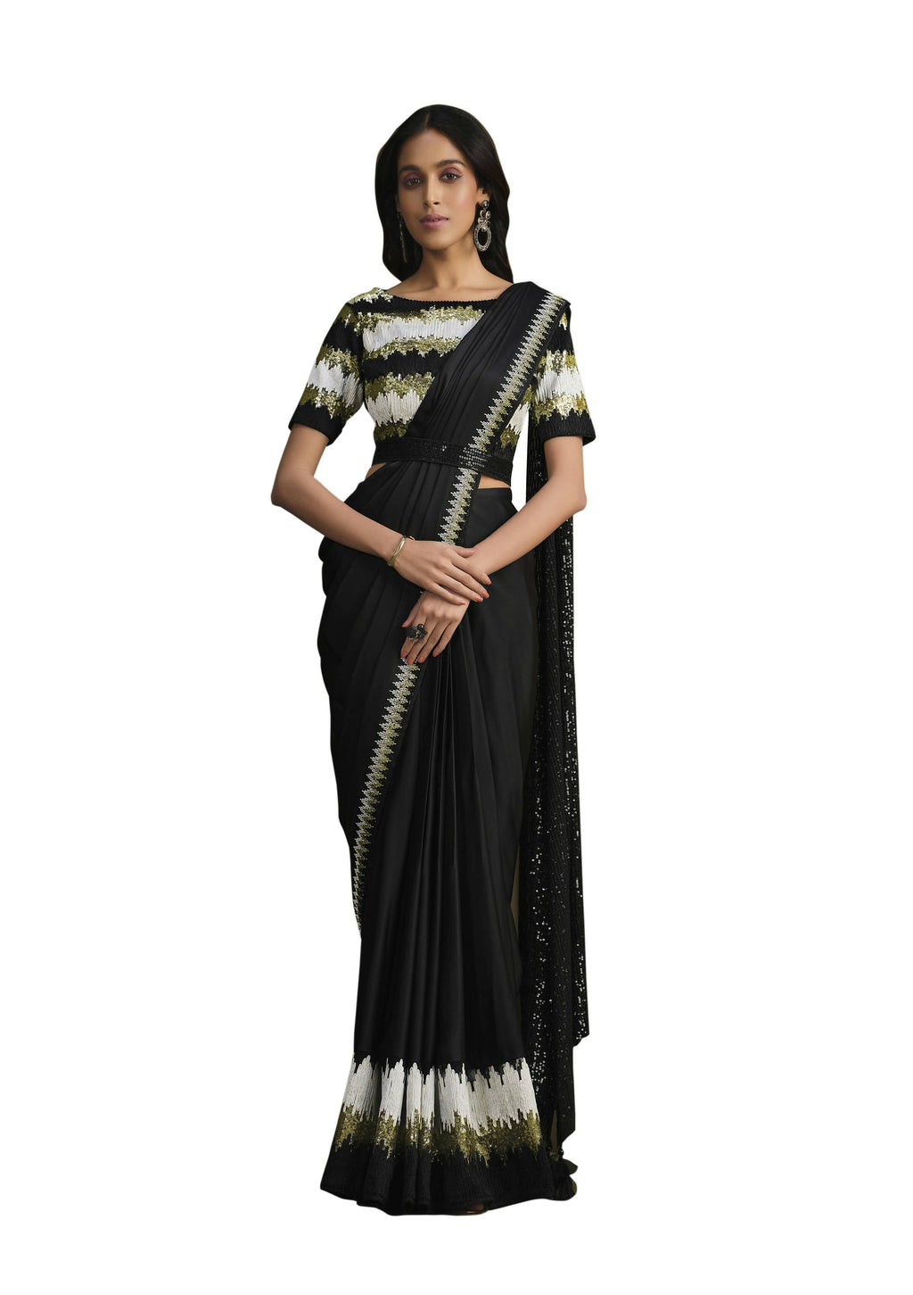 Black Crepe Silk Sequence Embroidered Saree With Stitched Blouse - Mohmanthan La Belle