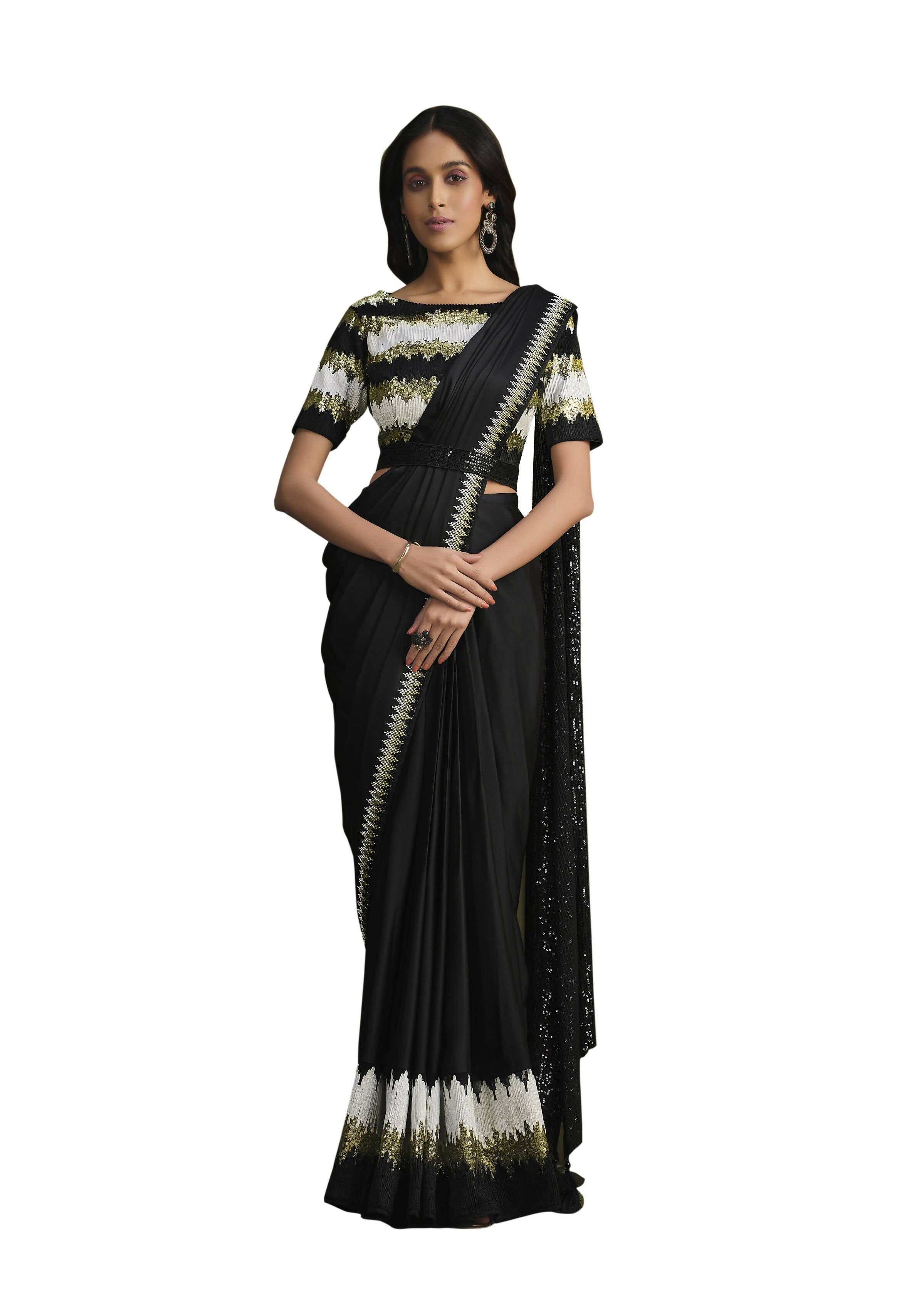 Black Crepe Silk Sequence Embroidered Saree With Stitched Blouse - Mohmanthan La Belle