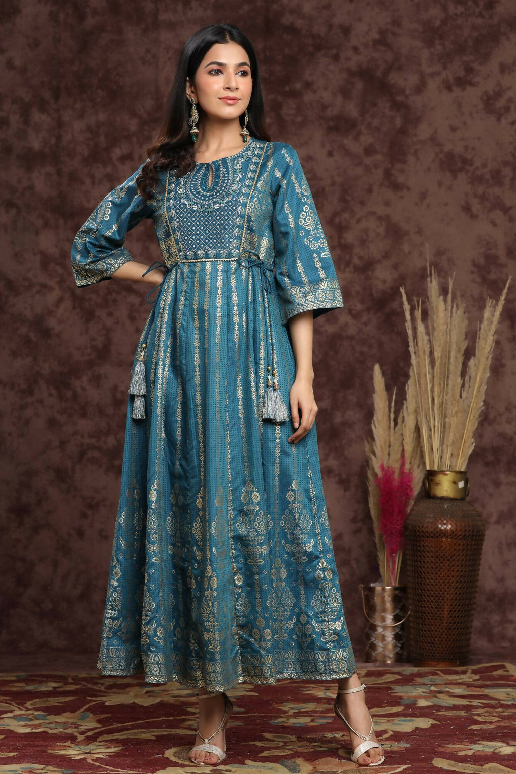 Juniper Women Teal Shantoon Printed Anarkali Dress - Distacart