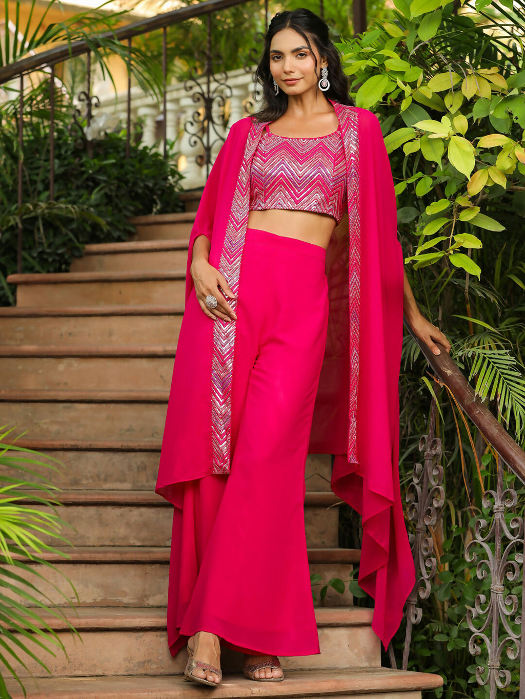 Janasya Pink Georgette Embroidered Top Bottom Cape