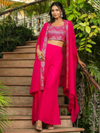 Janasya Pink Georgette Embroidered Top Bottom Cape