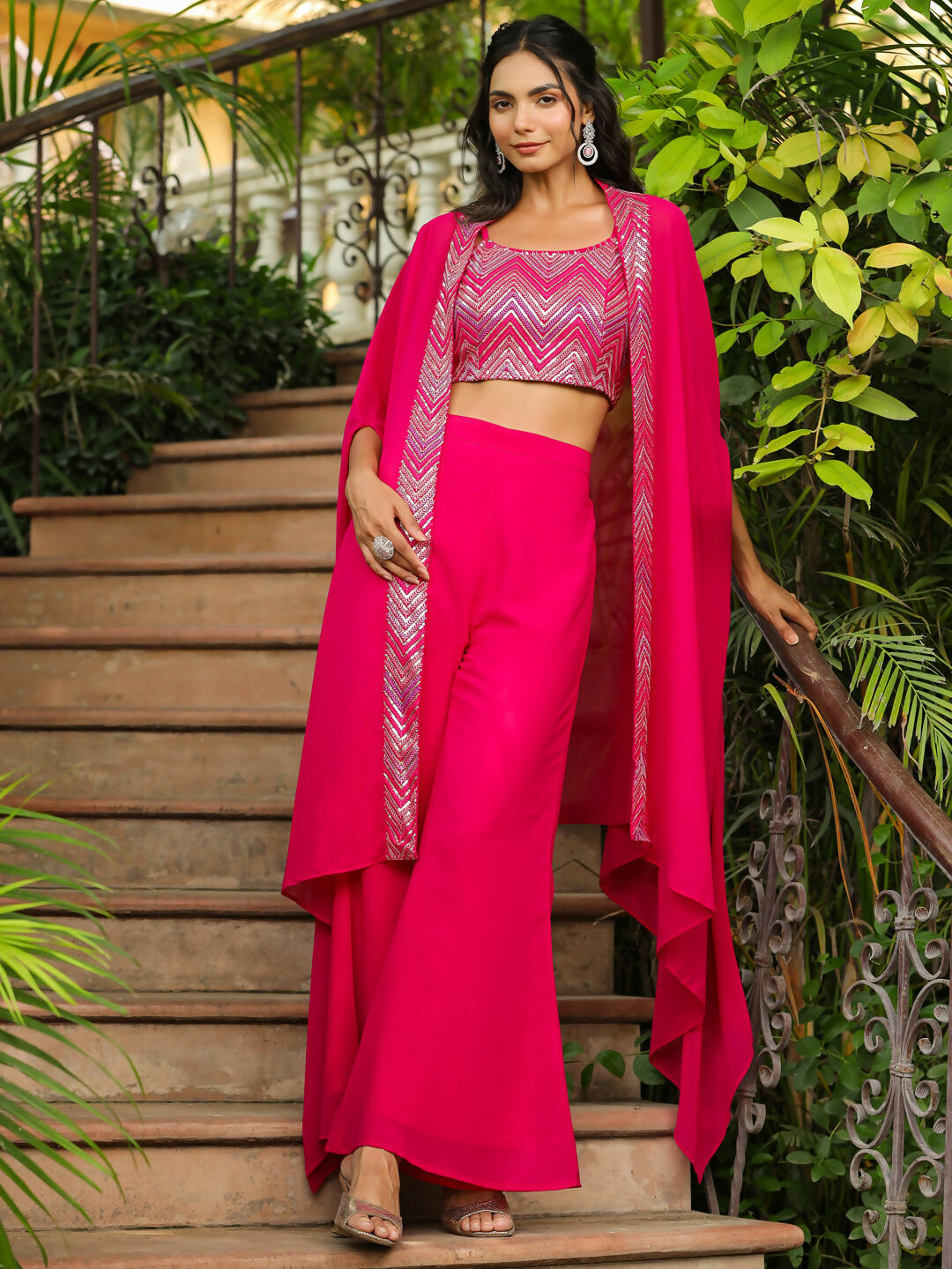 Janasya Pink Georgette Embroidered Top Bottom Cape