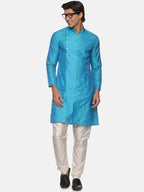 Sethukrishna Men Turquoise Blue Angrakha Kurta with Trousers - Distacart
