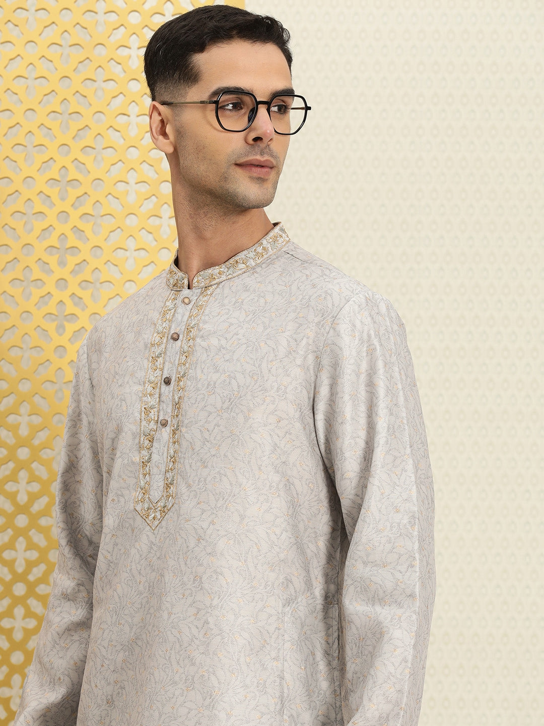 House of Pataudi Men Floral Printed Mandarin Collar Jashn Kurta