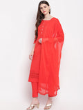 Janasya Red Solid Kurta with Trousers & Dupatta - Distacart