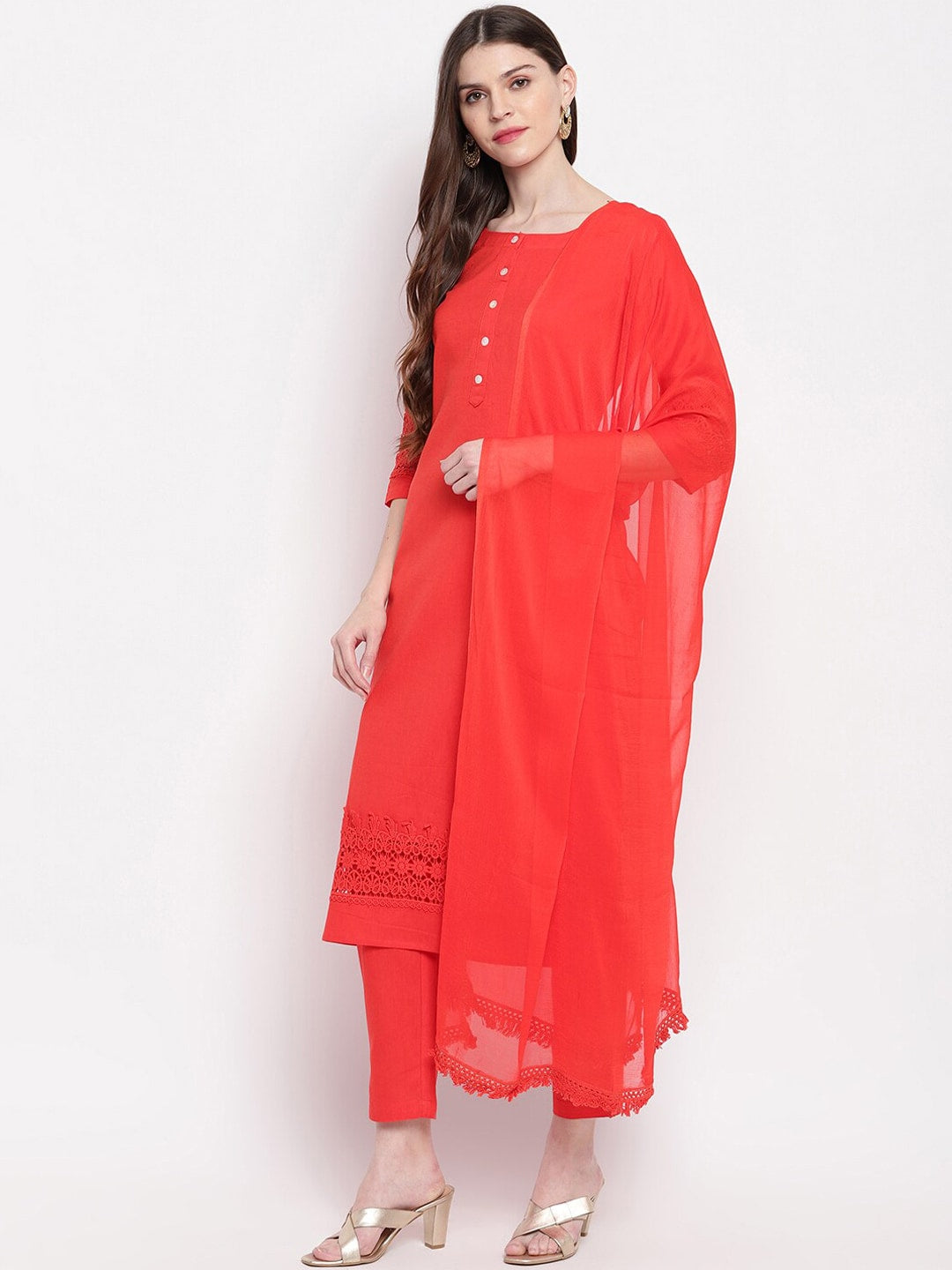 Janasya Red Solid Kurta with Trousers & Dupatta - Distacart
