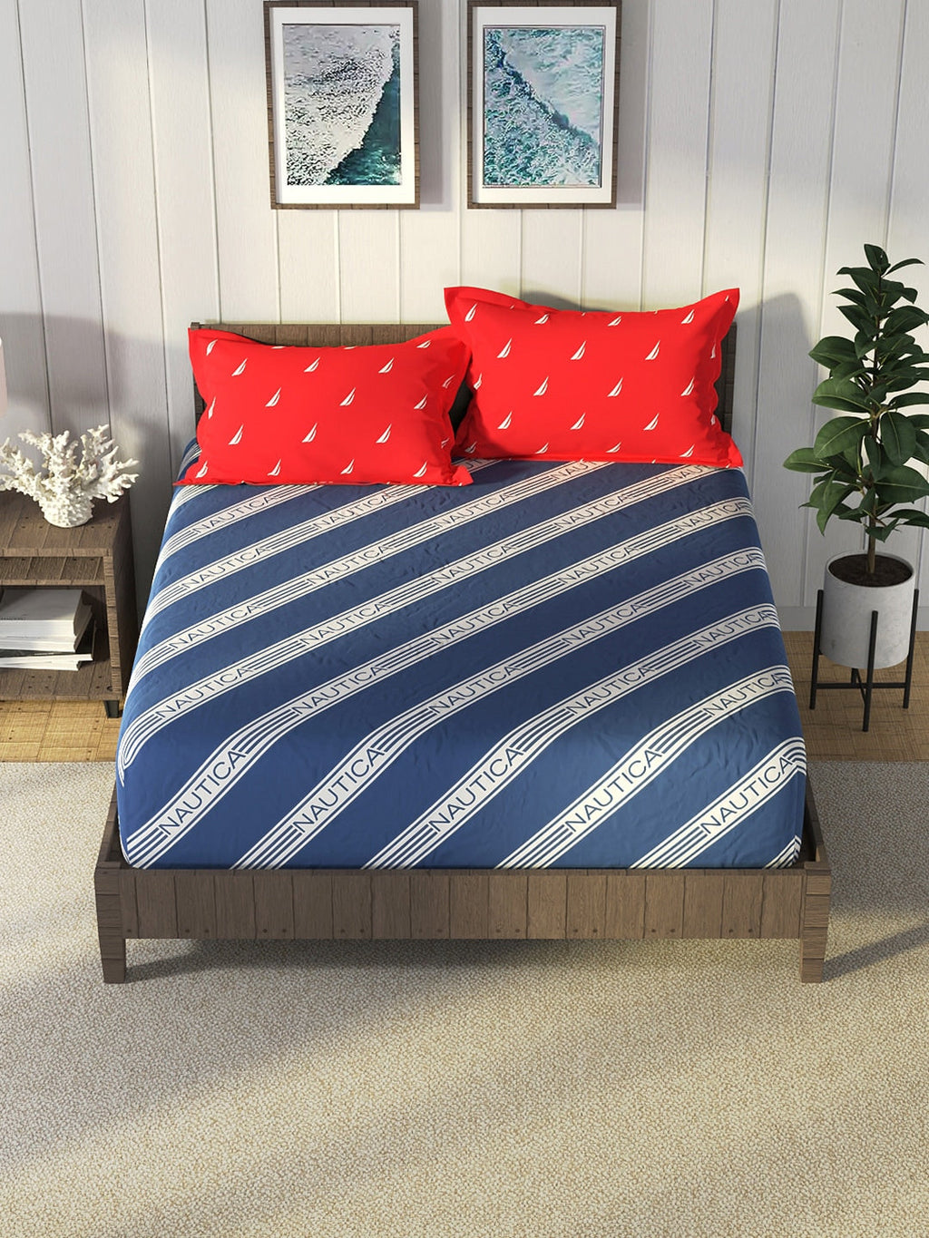Nautica Blue & Red Striped Cotton 160 TC King Bedsheet With 2 Pillow Covers
