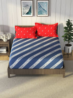 Nautica Blue & Red Striped Cotton 160 TC King Bedsheet With 2 Pillow Covers