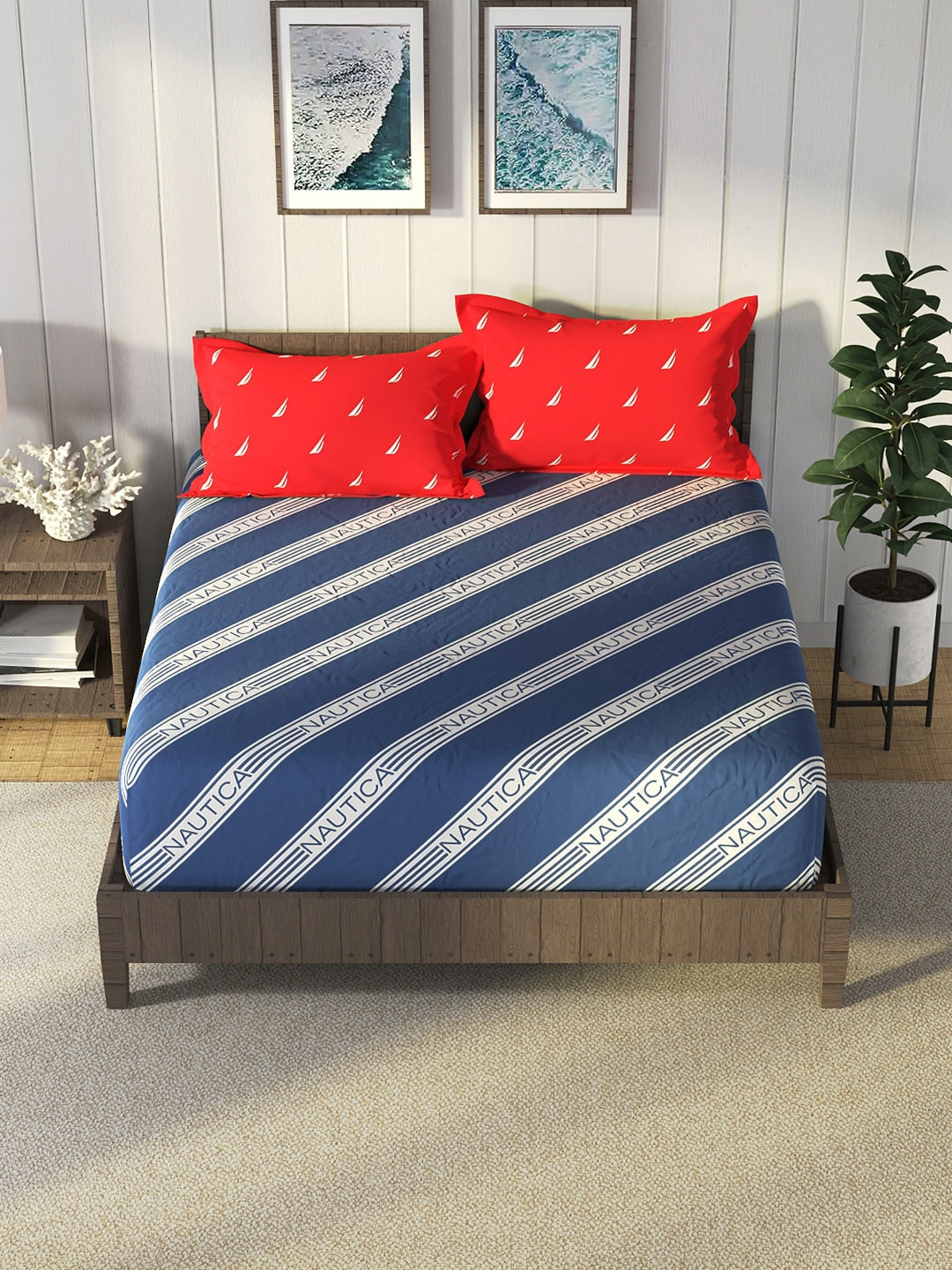 Nautica Blue & Red Striped Cotton 160 TC King Bedsheet With 2 Pillow Covers