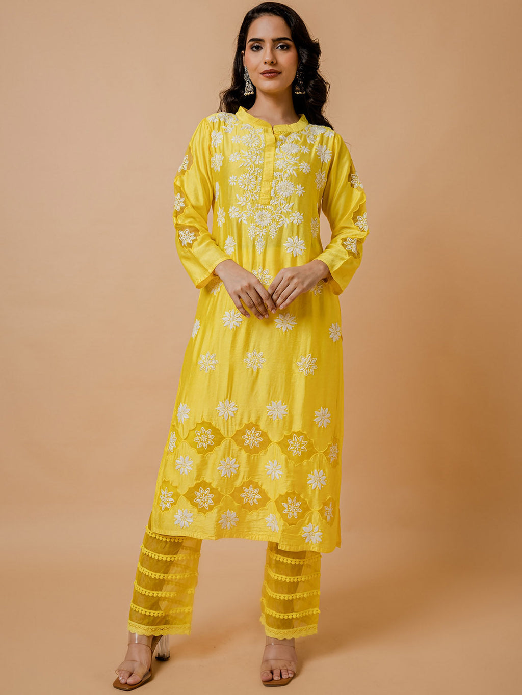 HOUSE OF KARI Floral Embroidered Chanderi Silk Chikankari Kurta