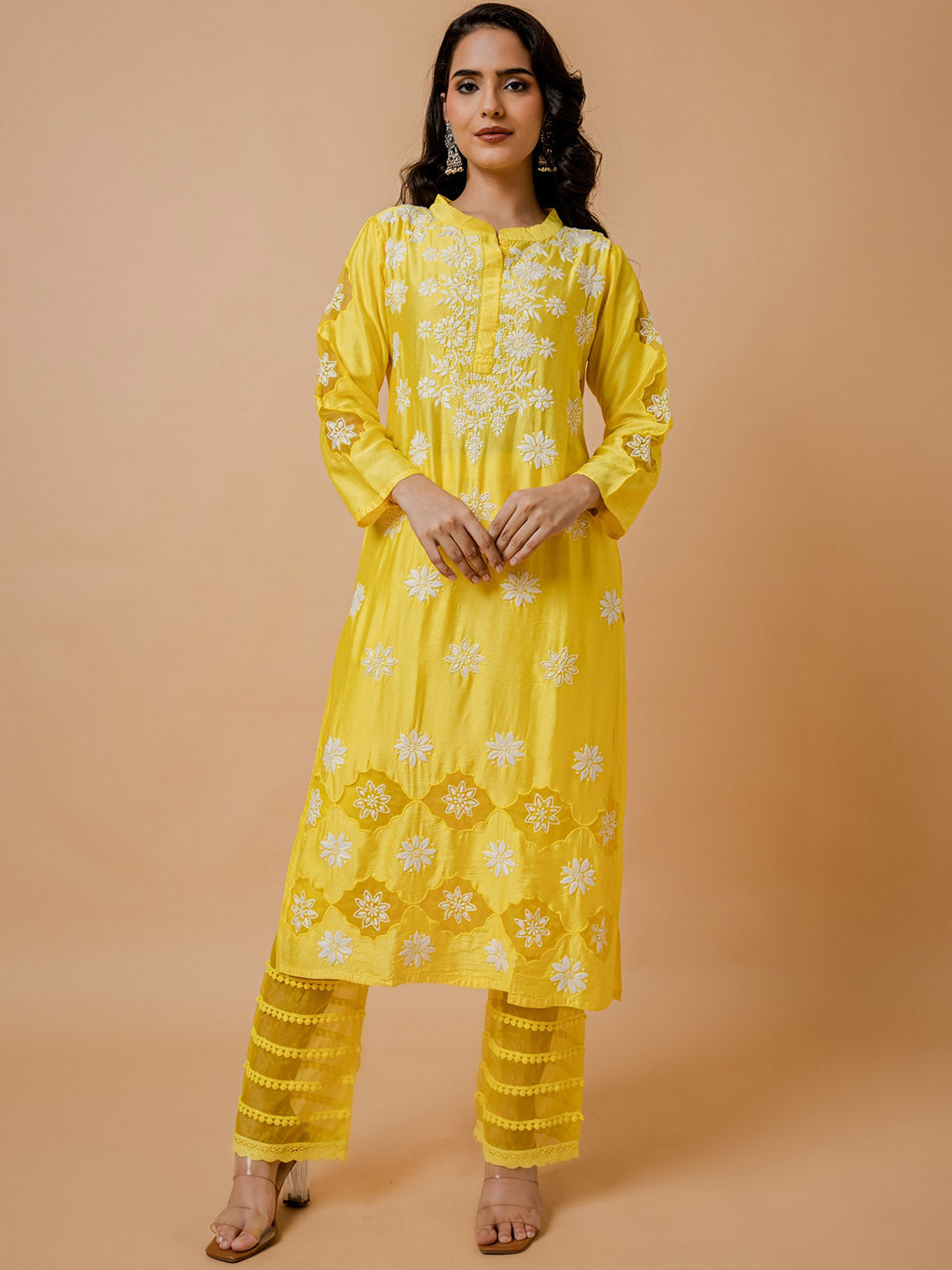 HOUSE OF KARI Floral Embroidered Chanderi Silk Chikankari Kurta