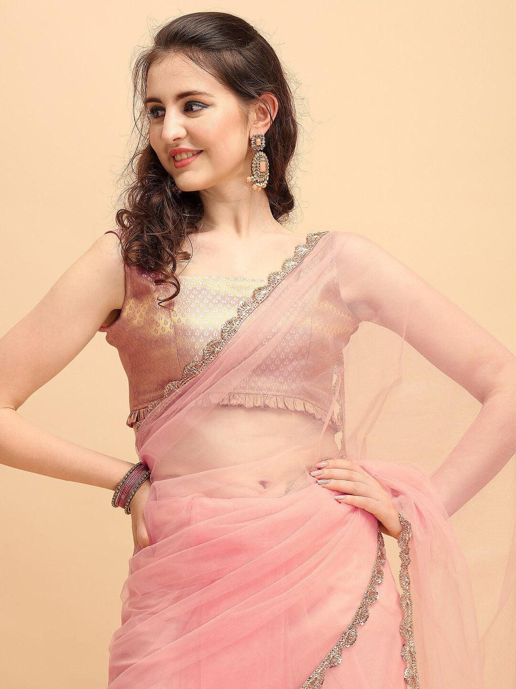 Sangria Pink Solid Net Ruffled Saree - Distacart