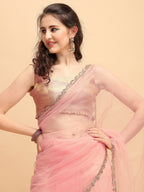 Sangria Pink Solid Net Ruffled Saree - Distacart