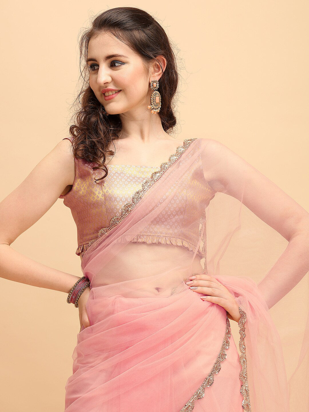 Sangria Pink Solid Net Ruffled Saree - Distacart