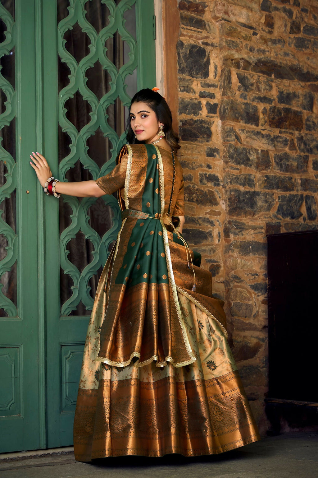 Vastranavya Traditional Jacquard Silk Zari Weaving Silk Lehenga Choli - Green