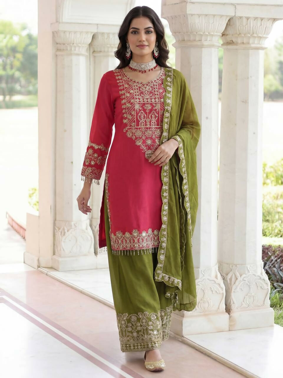 Teeya Creation Rani Chinon Silk Designer Wedding Wear Embroidery Work Palazzo - Distacart