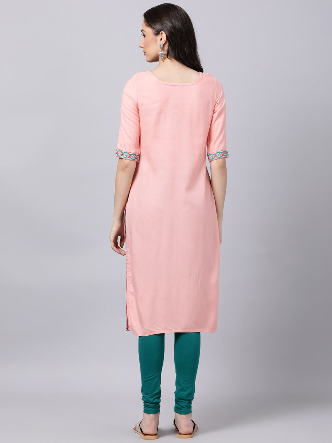 Souchii Women Peach-Coloured & Blue Ethnic Motifs Yoke Design Thread Work Pastels Kurta - Distacart