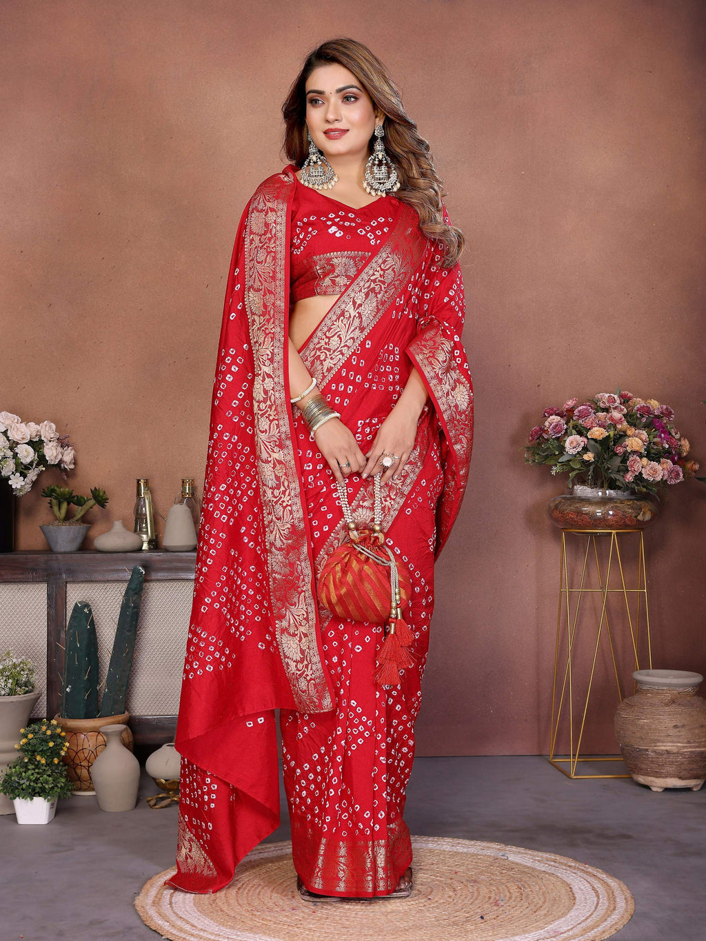 Aastha Fashion Red Pure Dola Silk Handmade Original Bandhej Saree - Distacart