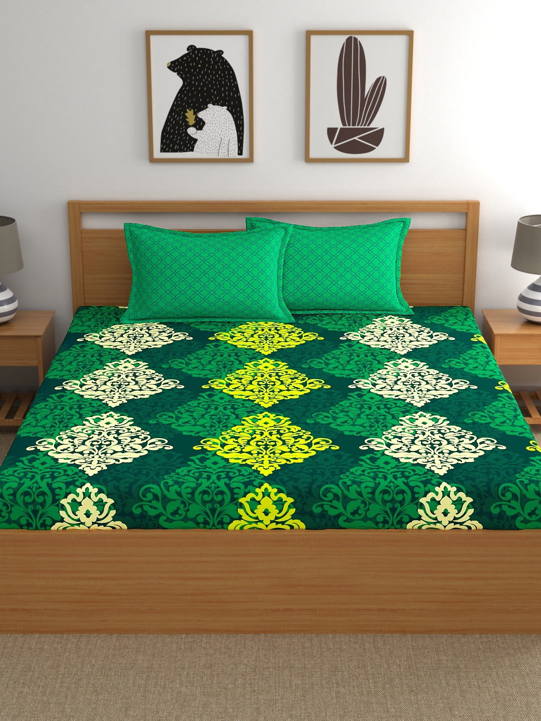 My Room Green & Yellow Ethnic Motifs 140 TC Super King Bedsheet with 2 Pillow Covers