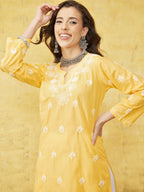 ADA Women Yellow & White Chikankari Embroidered Straight Sustainable Handloom Kurta