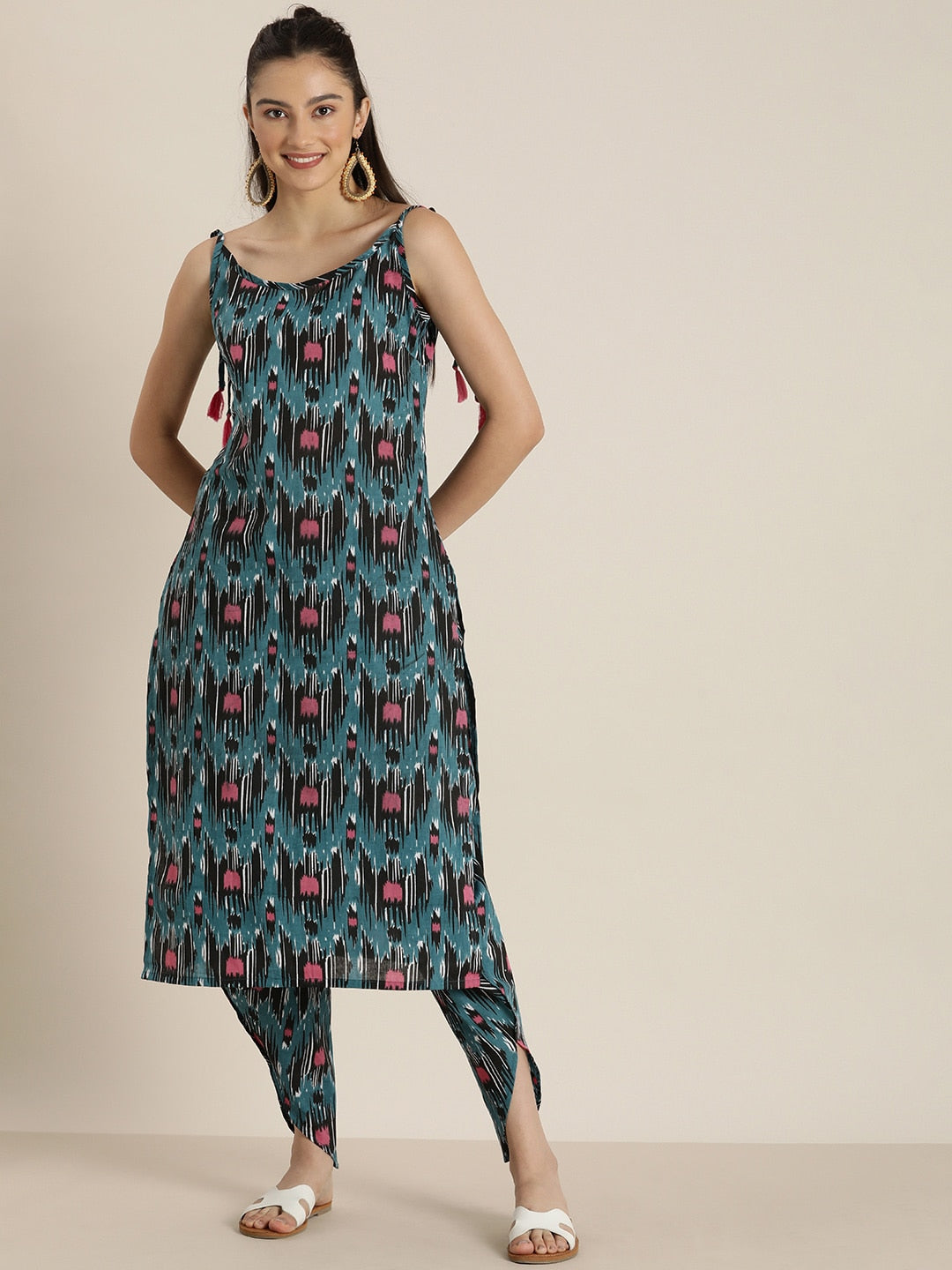 Sangria Women Blue & Pink Printed Pure Cotton Kurta with Dhoti Pants