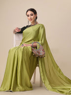 Sangria Olive Green Satin Saree With Beads Embelished Border - Distacart