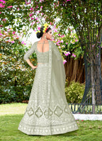 Light Green Net Embroidered Semi Stitched Lehenga Choli with Dupatta - Bhagya
