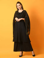 Myshka Women's Black Solid Anarkali Party Kurta Set With Dupatta