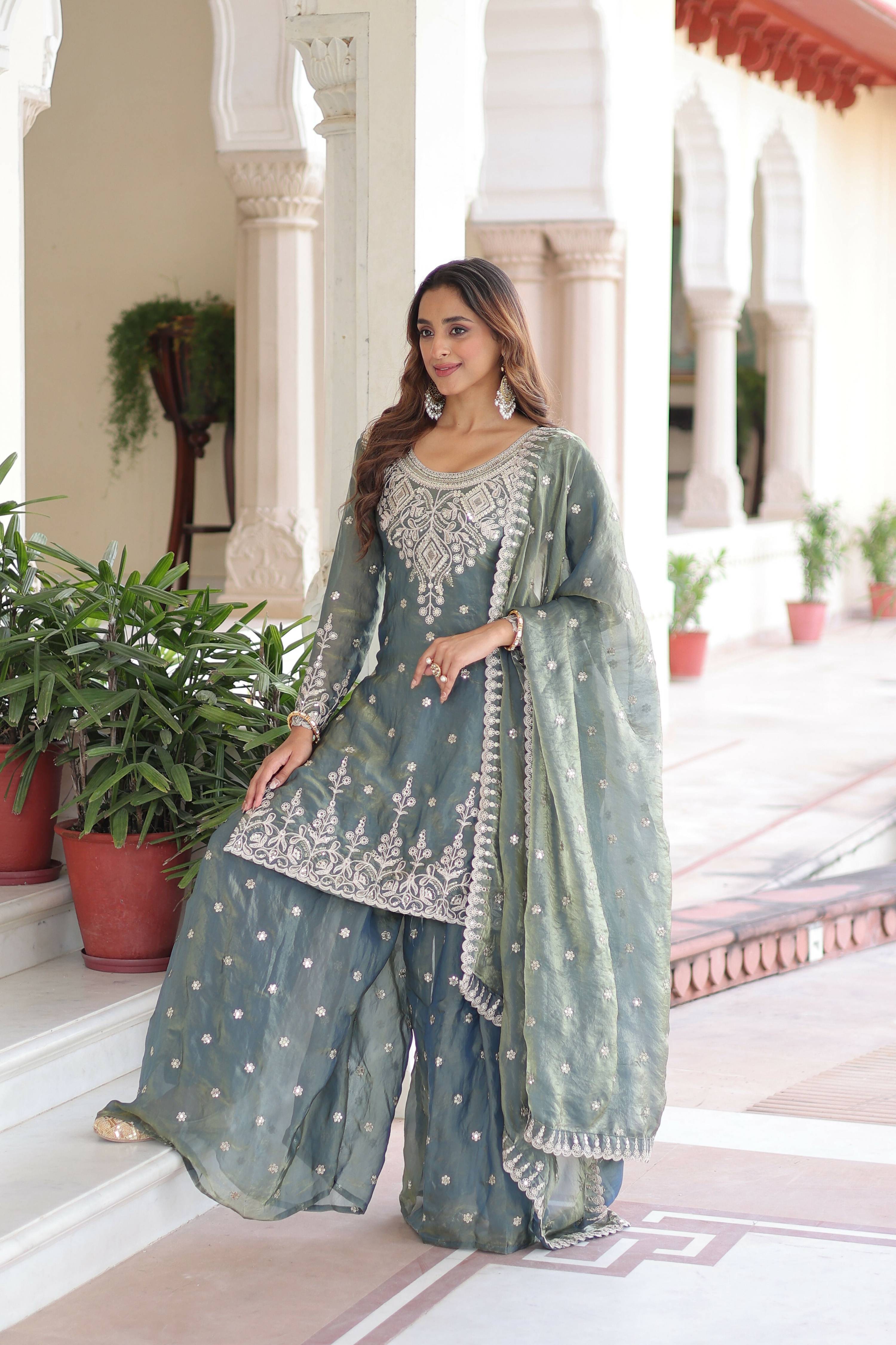 Joban Fashion Grey Readymade Kurta Set With Sequence embroidery Work - Distacart