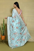 Blue Satin Silk Embroidered With Woven Design Border Festive Saree - Nimaya Denzy