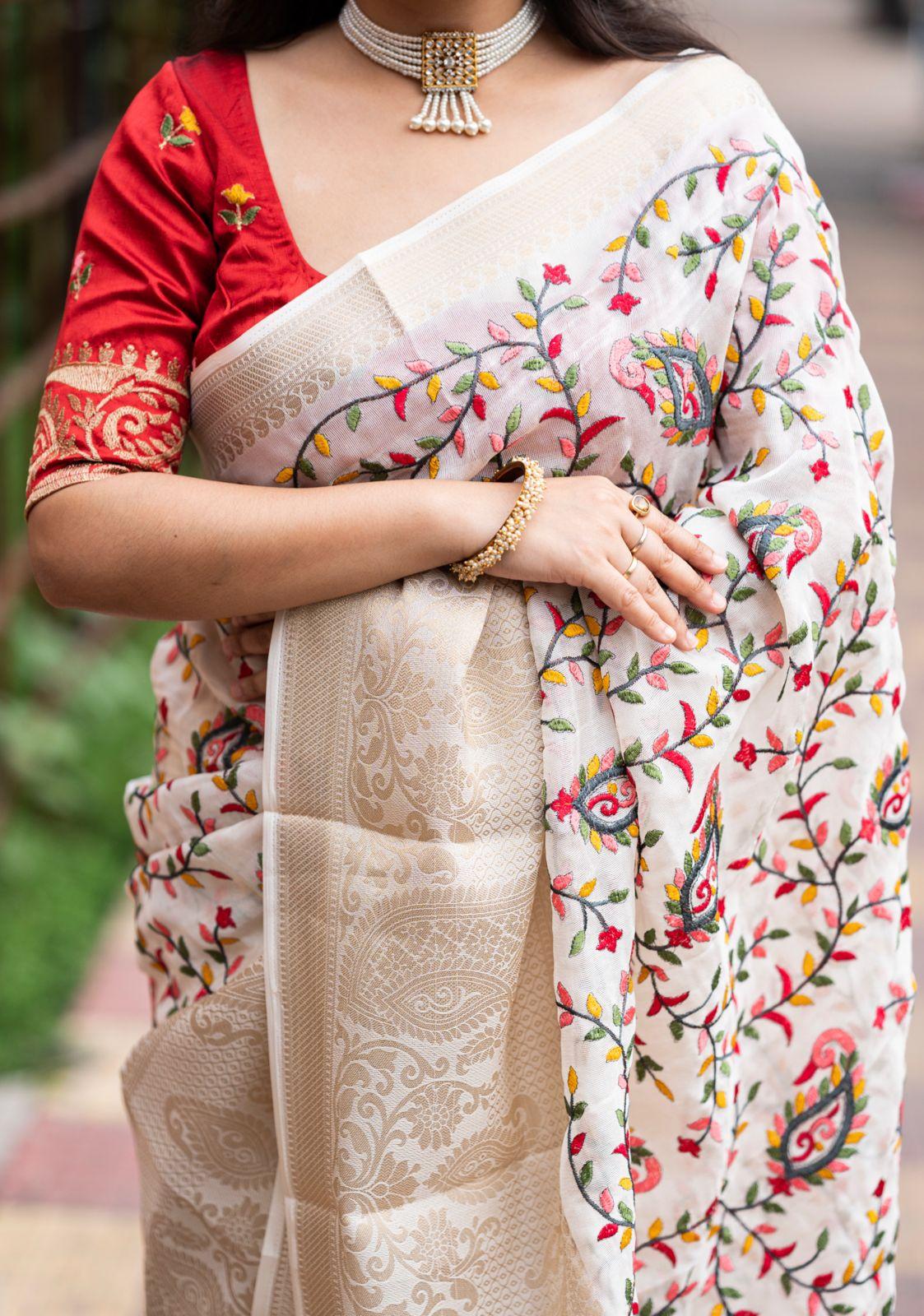 White Jute Silk Ethnic Motifs Saree with Unstitched Blouse - Hiral Fashion