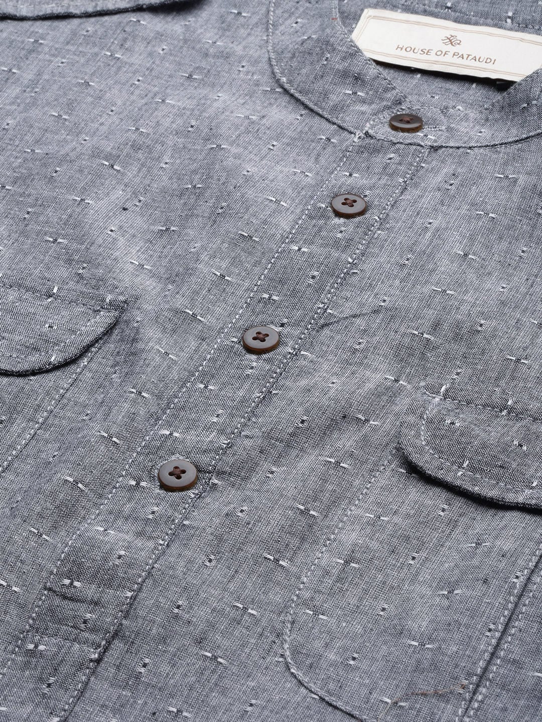 House of Pataudi Men Grey Solid Roll Up Sleeved Pathani Kurta