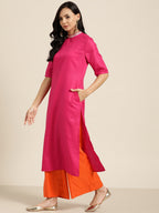 Sangria Women Pink & Orange Solid Thread Work Kurta with Palazzos