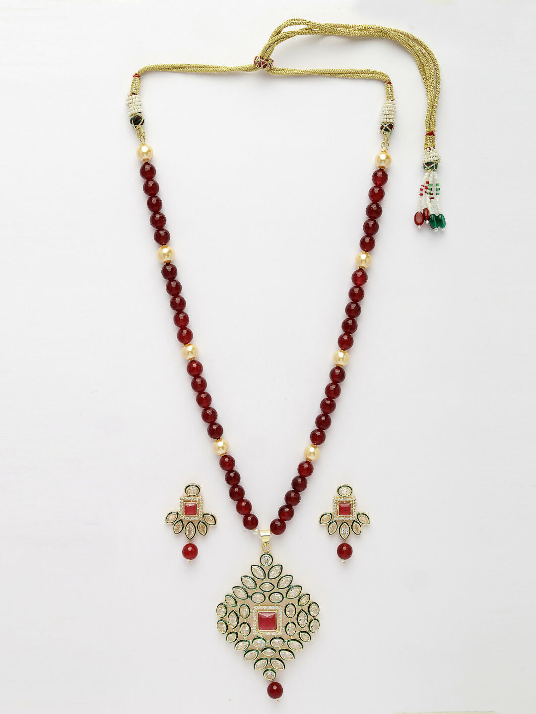 NVR Women's Red Kundan-Studded & Beaded Handcrafted Jewellery Set