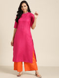 Sangria Women Pink & Orange Solid Thread Work Kurta with Palazzos