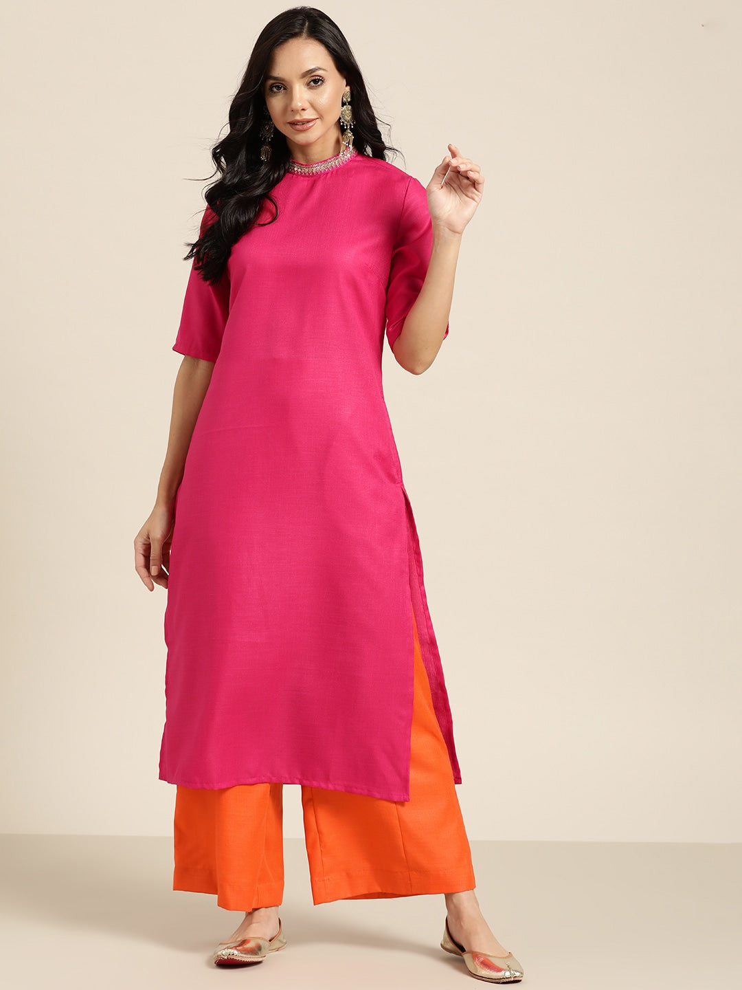 Sangria Women Pink & Orange Solid Thread Work Kurta with Palazzos