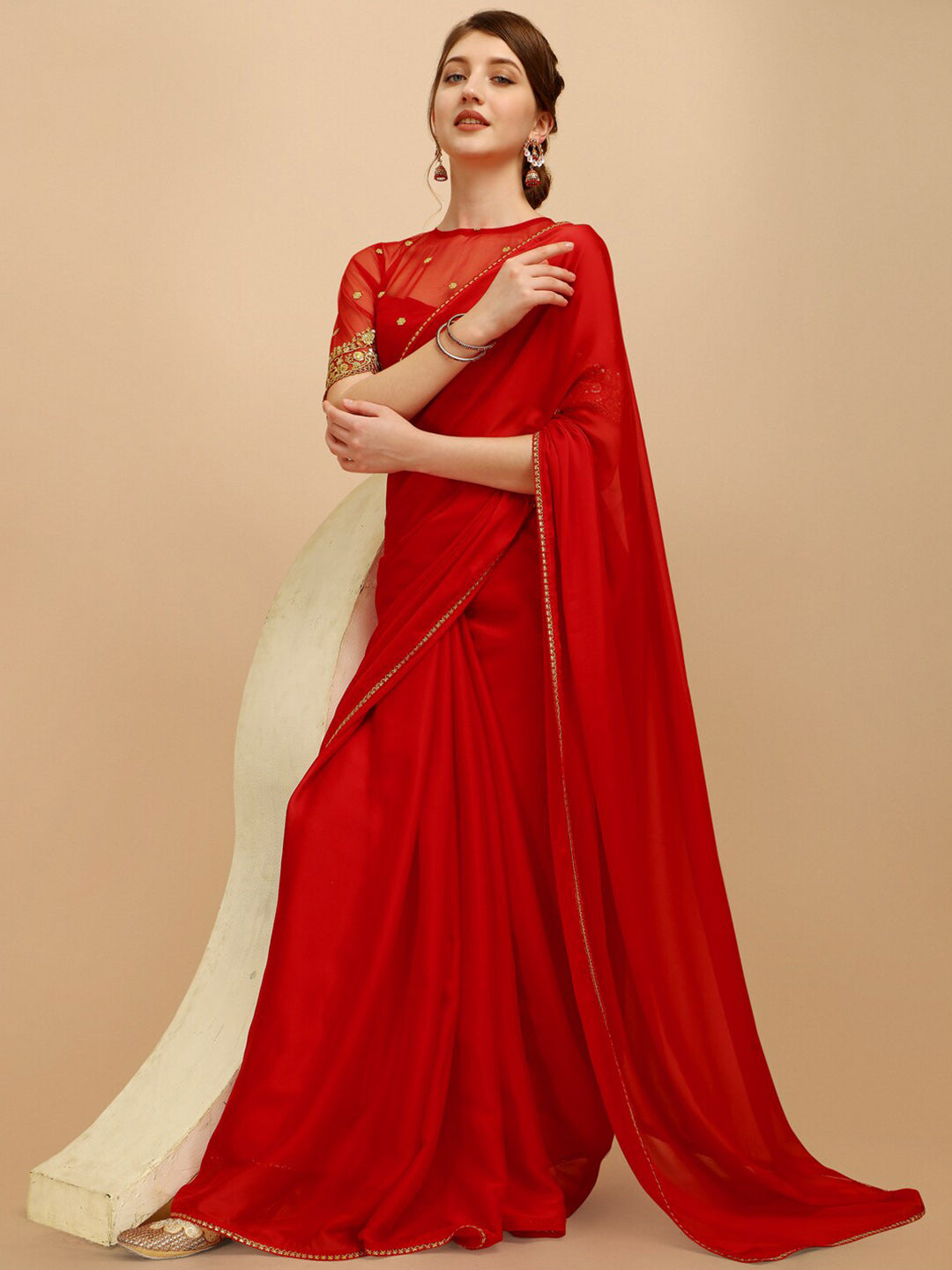 Sangria Red Silk Blend Embroidered Saree