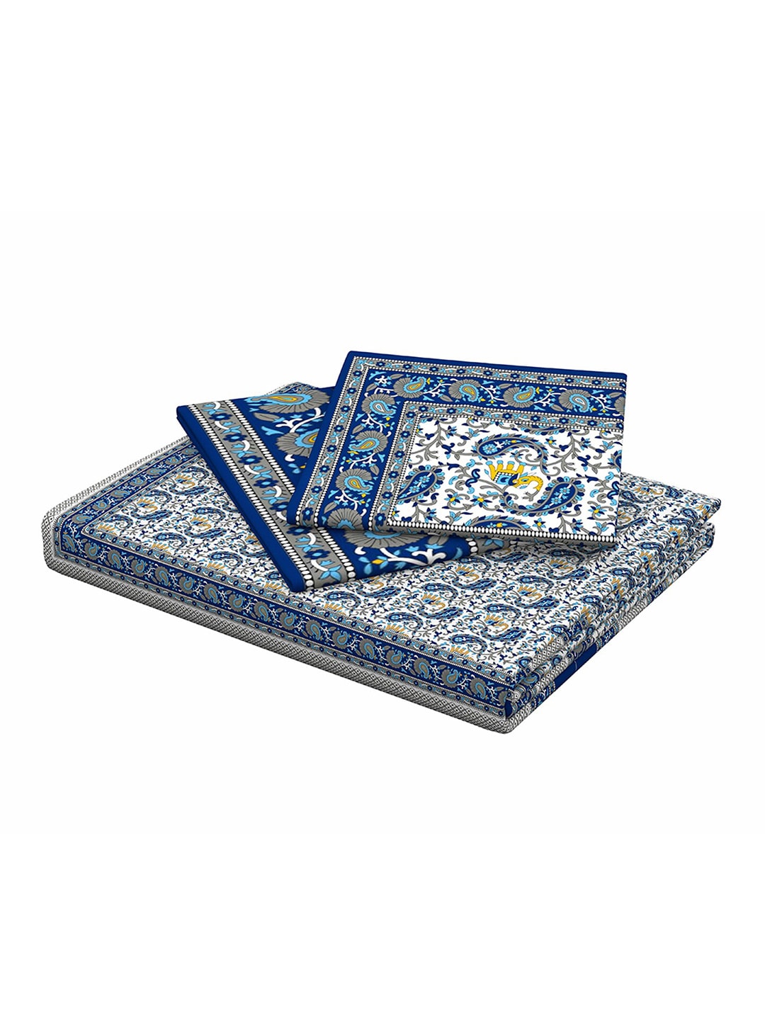 LA VERNE Blue & White Printed 104 TC Queen Bedsheet with 2 Pillow Covers