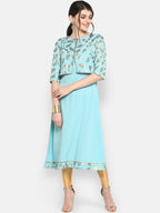 Janasya Turquoise Blue & Gold-Toned Printed A-Line Kurta - Distacart